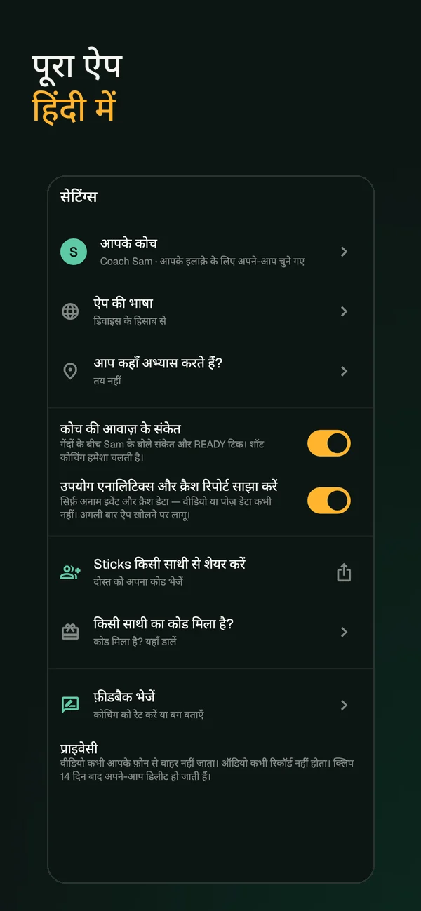 Sticks की सेटिंग्स स्क्रीन पूरी हिंदी में