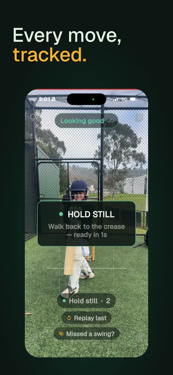 Every move, tracked — the HOLD STILL card counting down to READY at the crease