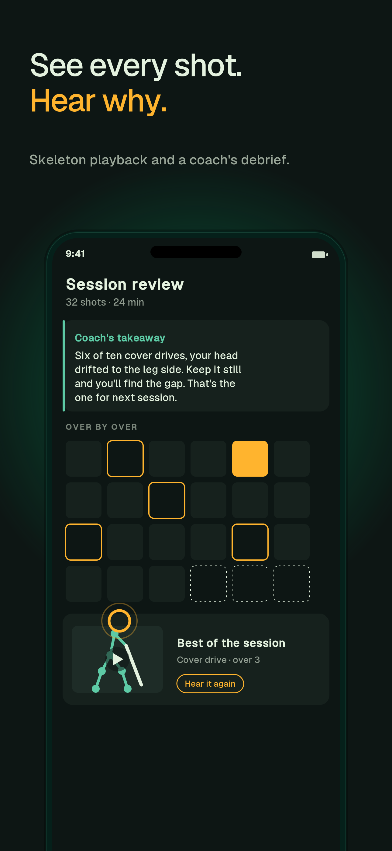 Sticks session review with the over-by-over grid and a coach's takeaway.